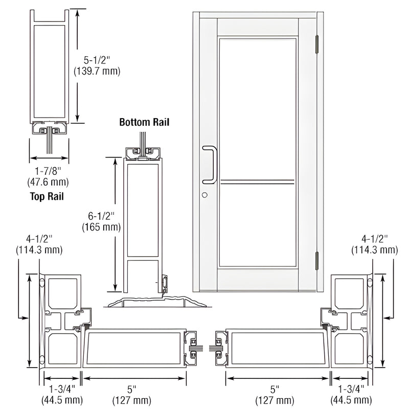 Technical diagram showing the profile and dimensions of a CRL-U.S. Aluminum Series 850 Durafront wide stile butt hinged entrance door.