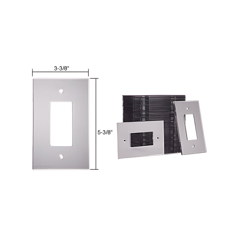 A bulk stack of clear acrylic single designer mirror wall plates measuring 5-3/8 inches by 3-3/8 inches.