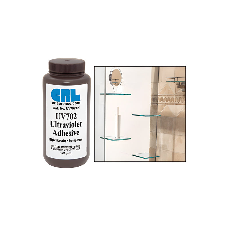 A brown bottle of CRL UV702 high viscosity adhesive is shown next to a glass shelving unit bonded with the product.