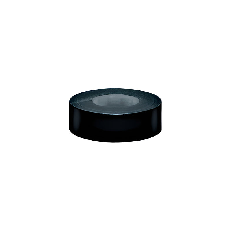 A single roll of black duct tape shown from a slightly elevated side angle.