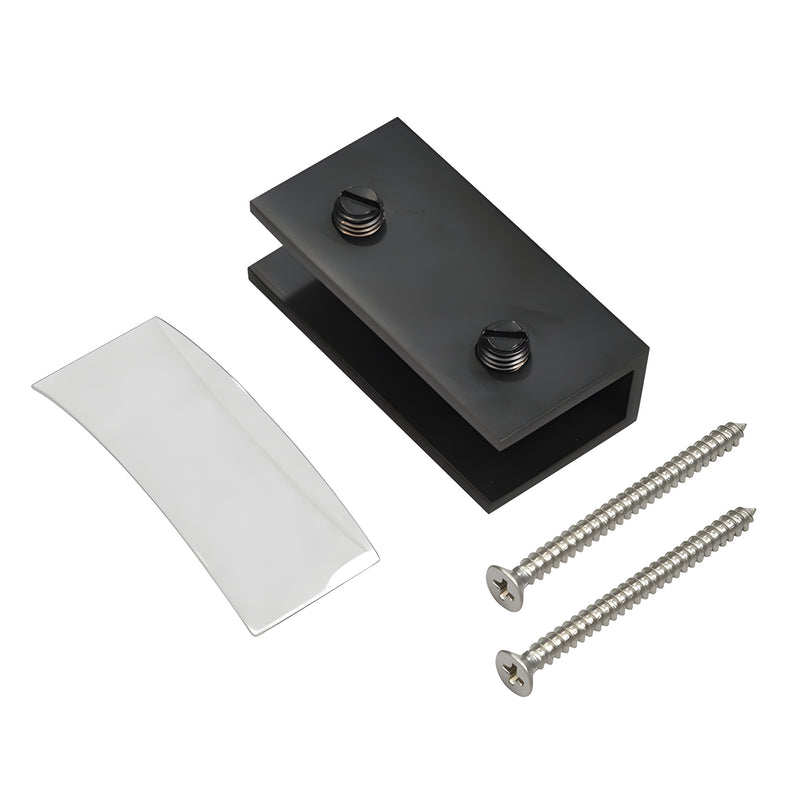 A matte black brass glass clamp shown with two mounting screws and a protective gasket.