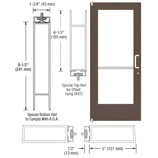 Black bronze anodized wide stile commercial entrance door (DE51122R360090) with large glass panel and ADA 9.5" bottom rail.