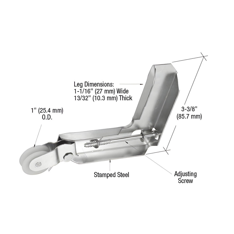 A steel sliding screen door corner roller assembly with a 1-inch concave nylon wheel and an adjusting screw.