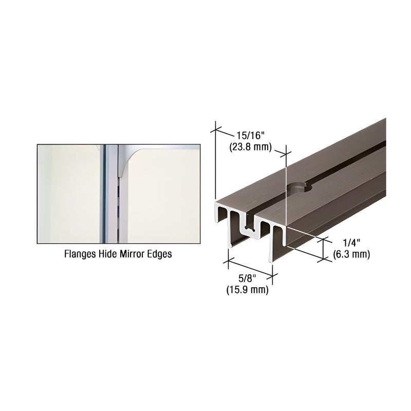 A dark bronze anodized aluminum mirror standard with a 5/8 inch open width and a detail view showing how the flanges hide mirror edges.