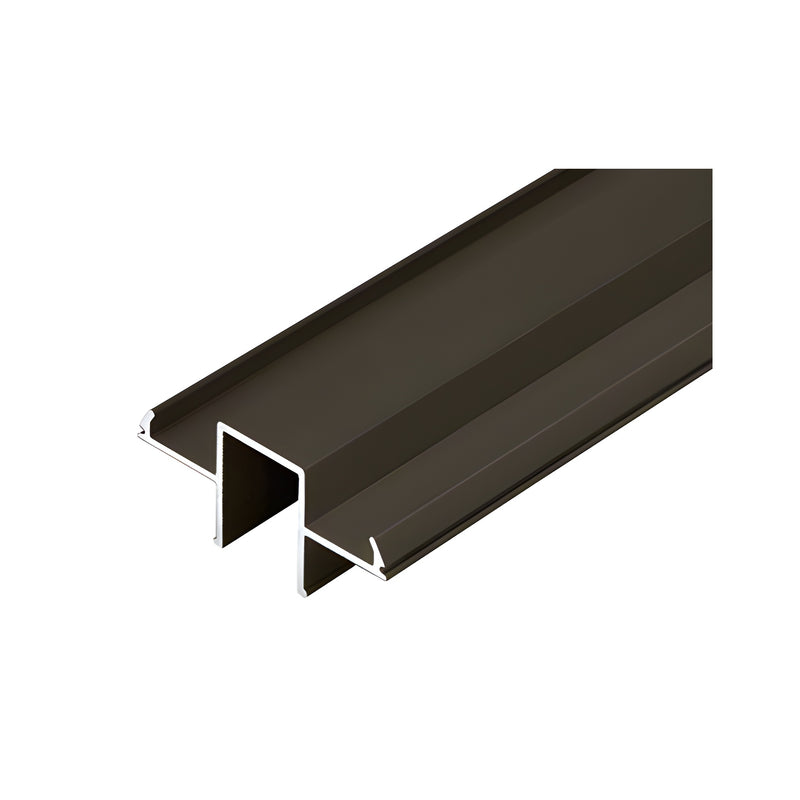 A section of matte bronze aluminum glass channel designed for wood top cap infill systems.