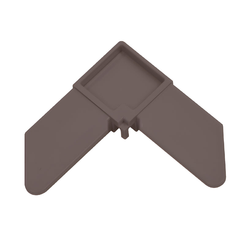 A bronze plastic square corner connector for 1 inch by 7/16 inch screen frames.