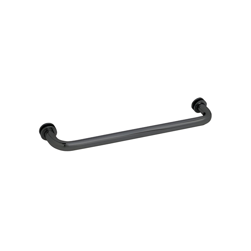 A matte black 18-inch tubular single-sided towel bar designed for glass mounting.