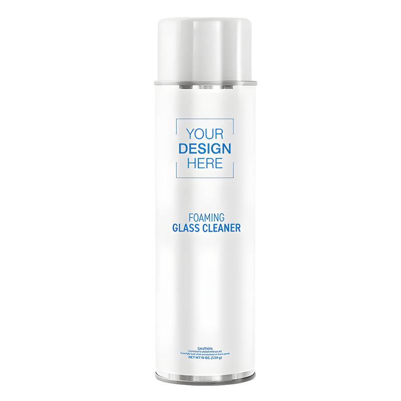 A single 19oz aerosol can of foaming glass cleaner featuring a white cap and a placeholder for custom branding.