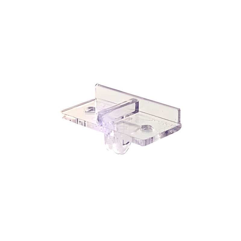 A clear acrylic front rest with a built-in divider used for shelf organization.