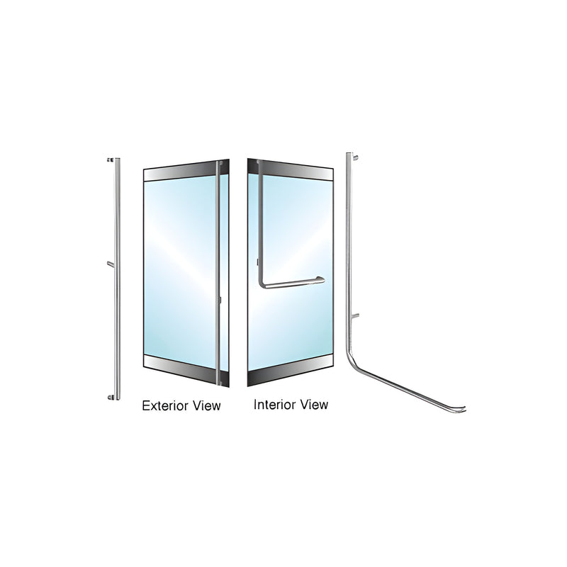 A diagram showing the exterior and interior views of a polished stainless steel 'F' shaped rail mount dummy handle for glass doors.