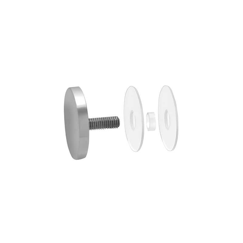 An exploded view of a 2-inch brushed stainless steel standoff cap assembly with included washers and mounting hardware.