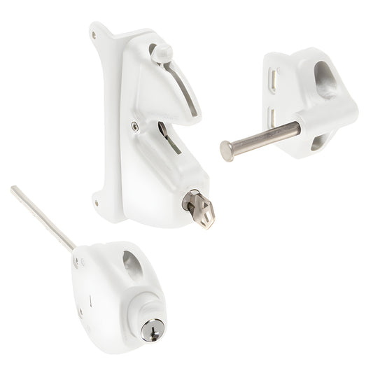 White CRL Lokk-Latch Pro gate latch kit LLP1W - glass-reinforced polymer body, stainless pin and keyed lock