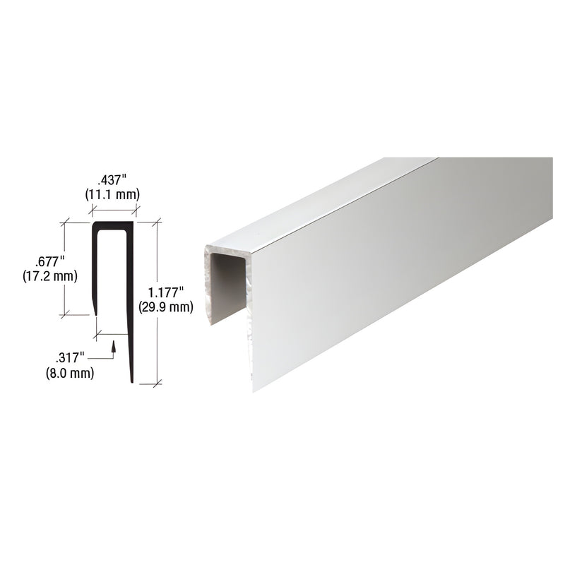 A section of brite anodized aluminum J-channel is shown next to a technical diagram illustrating its 1.177-inch height and 0.317-inch inside dimension.