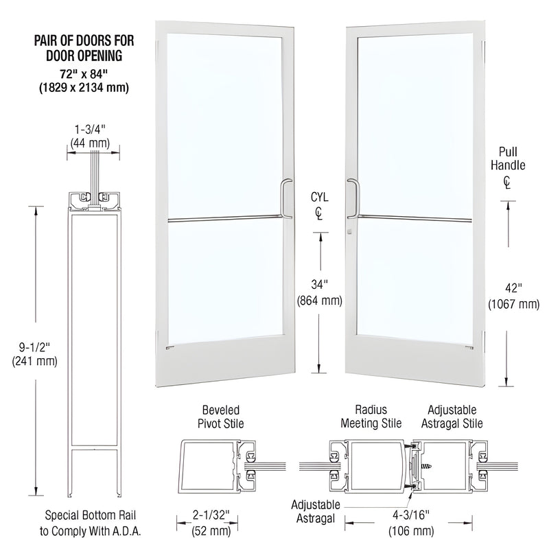 Technical diagram showing a pair of 72" x 84" white KYNAR Series 250 narrow stile entrance doors with butt hinges and ADA-compliant bottom rails.