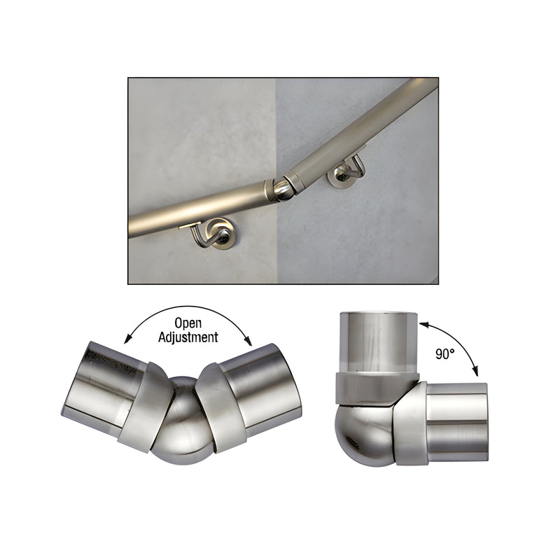 A brushed stainless steel adjustable flush corner fitting for 1-1/2 inch tubing shown in various angles and installed on a railing.