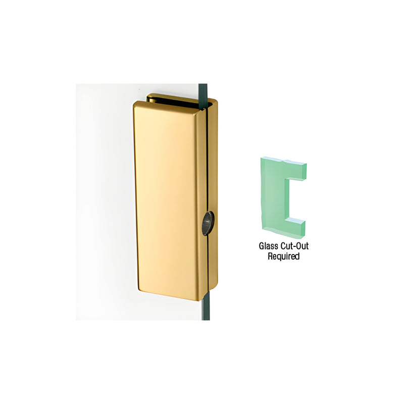 A polished brass low profile keeper is mounted on a glass panel, showing the required glass cut-out diagram.