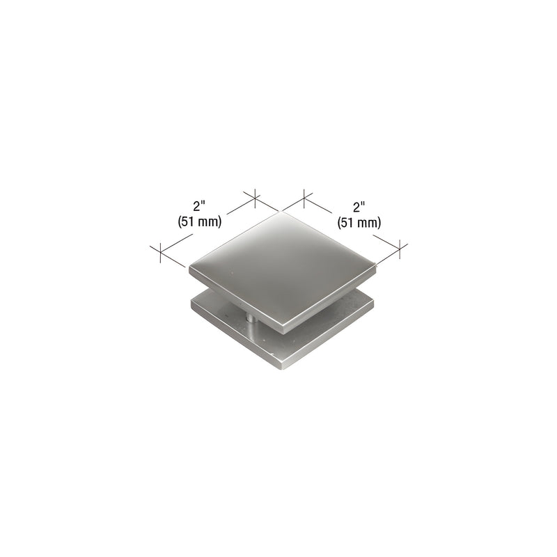 A brushed stainless steel square mall front clamp measuring 2 inches by 2 inches.