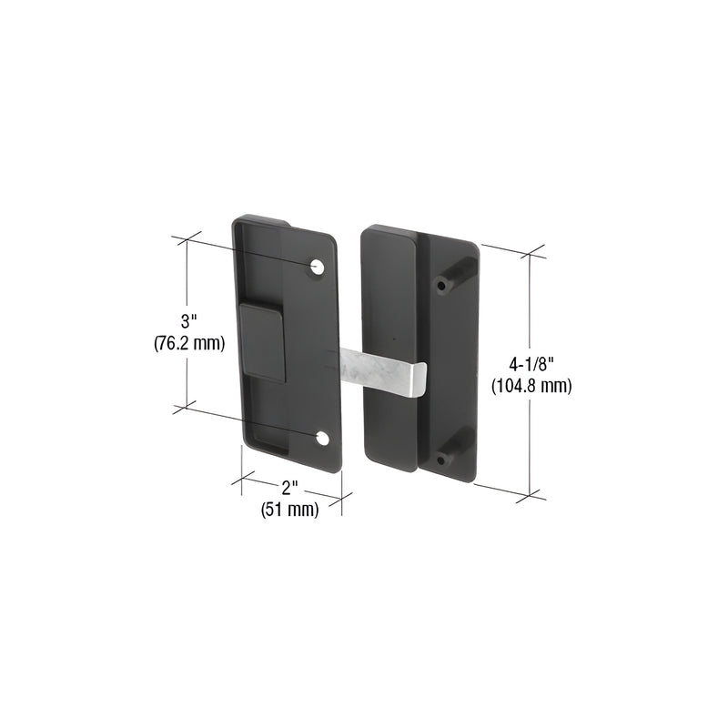 A black plastic sliding screen door latch and pull assembly with a steel latch and 3-inch screw hole spacing.