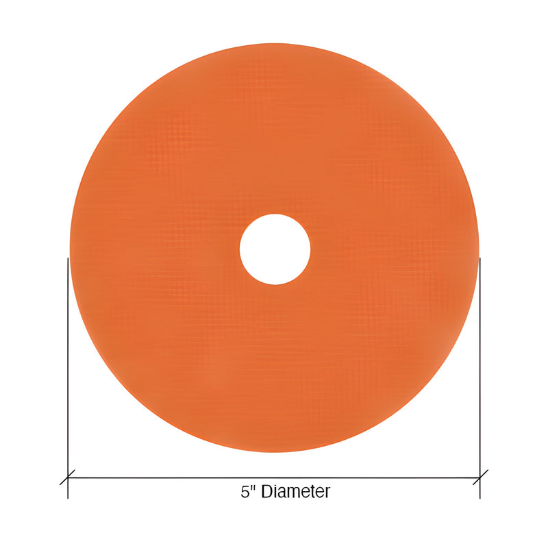 A top-down view of a 5-inch orange 3M Trizact A5 PSA polishing disc with a center hole.