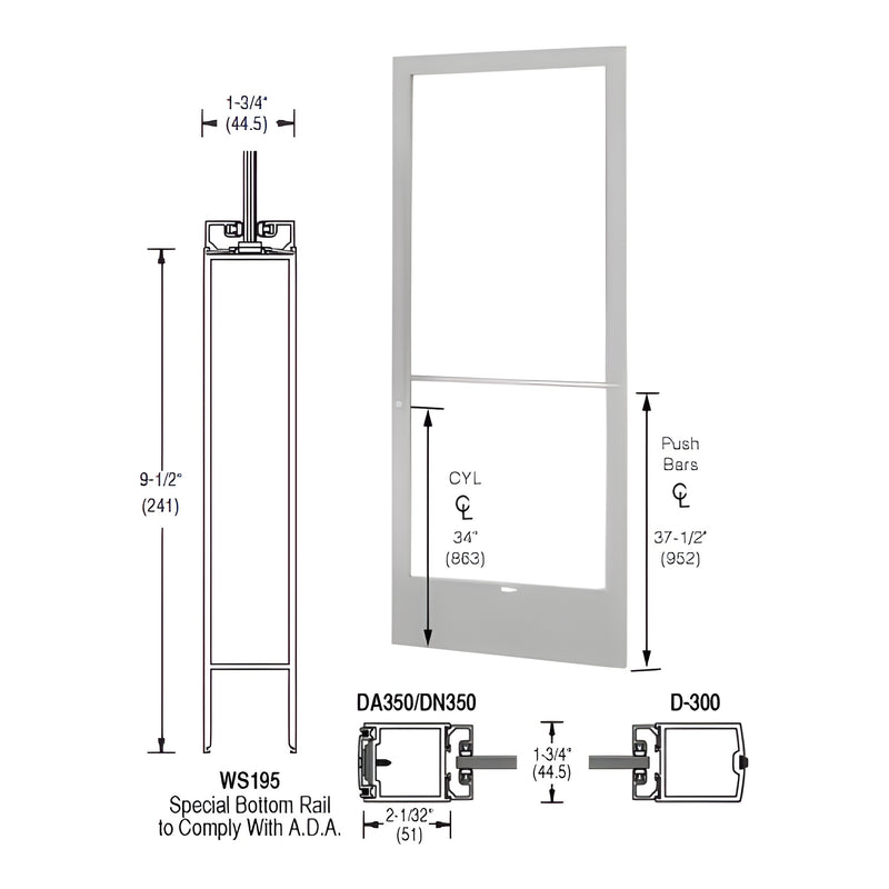 Technical diagram showing the dimensions and profile of a 250 Series narrow stile active leaf door with a 9-1/2 inch bottom rail.