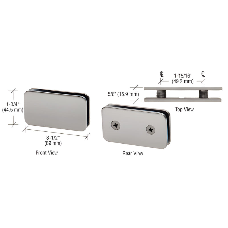 A technical diagram showing the front, rear, and top views of a brushed nickel 180-degree double stud glass clamp with labeled dimensions.