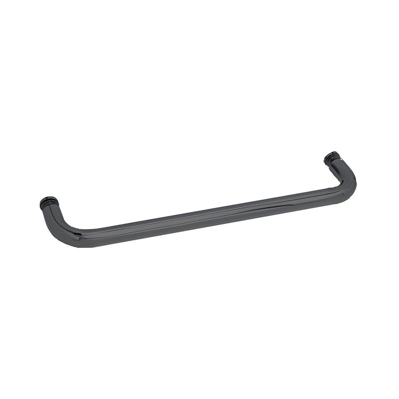 A matte black 24-inch tubular brass towel bar designed for single-sided glass mounting.