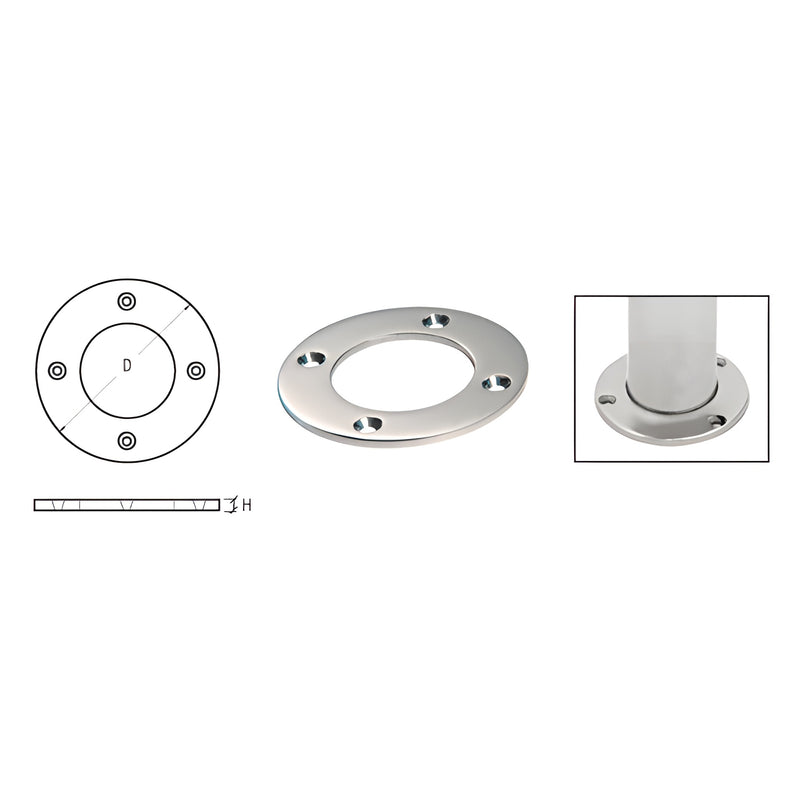 A technical drawing and product view of a round, polished stainless steel base plate designed for 1-1/2 inch tubing.
