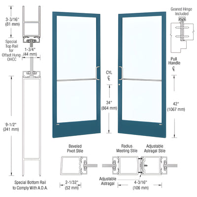 CRL-U.S. Aluminum Custom KYNAR® Paint Custom Pair Series 250 Narrow Stile Geared Hinged Entrance Doors for Overhead Concealed Door Closers
