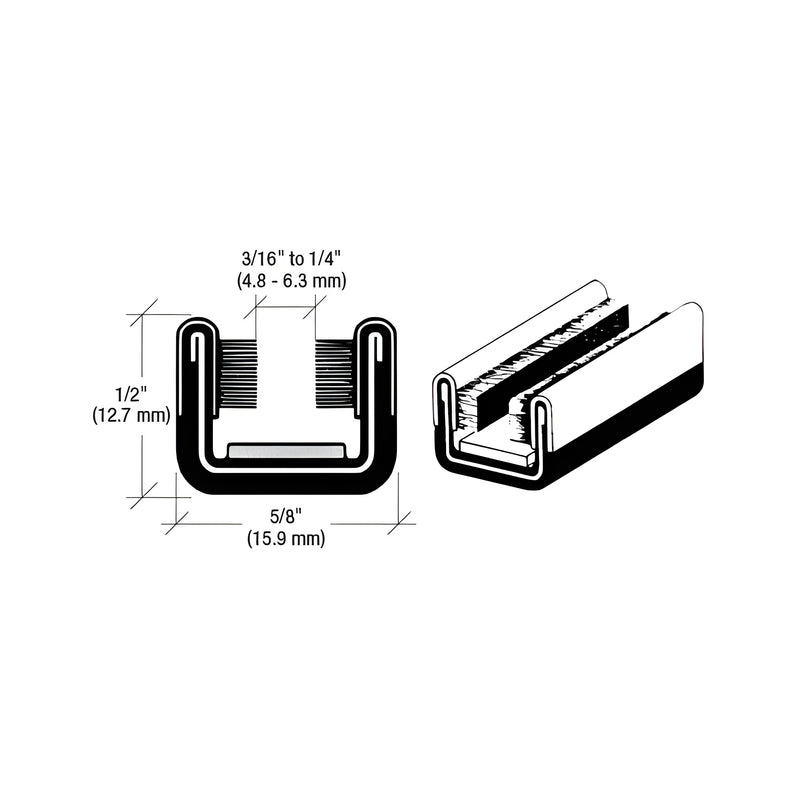 A technical diagram showing the cross-section and profile of a black flexible glass run channel with internal pile lining.