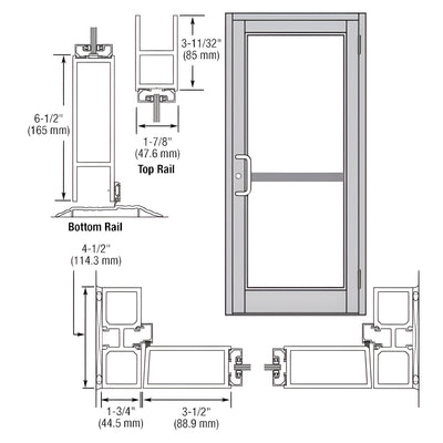 CRL-U.S. Aluminum Clear Anodized Custom Single Series 800 Durafront Medium Stile Butt Hinge Entrance Door for Panic and Surface Mount Door Closer