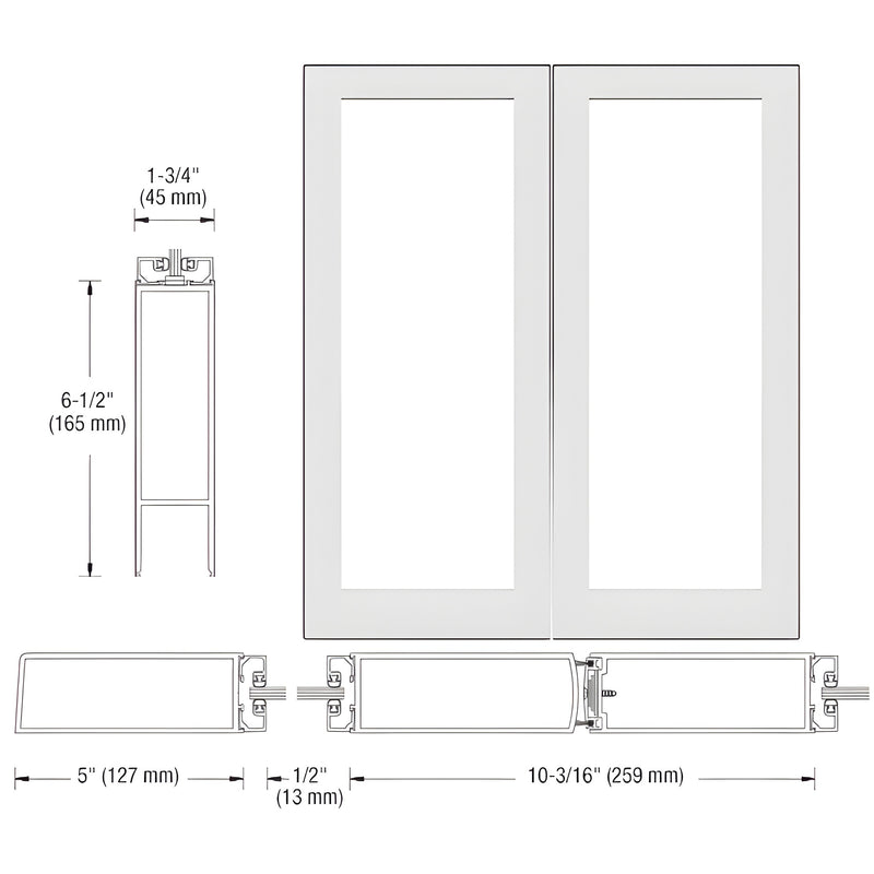 Technical diagram showing the profile and dimensions of a CRL-U.S. Aluminum 550 wide offset stile entrance door pair in white.