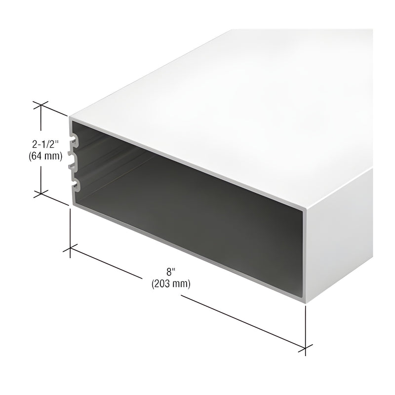 A cross-section view of an 8-inch by 2-1/2-inch white aluminum structural silicone glazed vertical mullion.