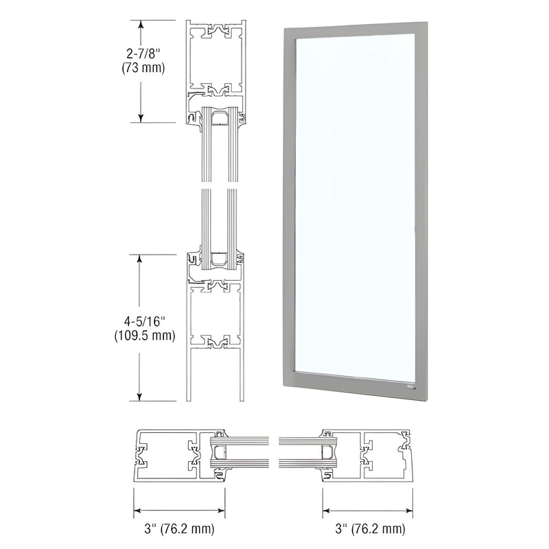 A technical diagram showing the profile dimensions of a clear anodized aluminum thermal entrance door next to a full view of the door frame.