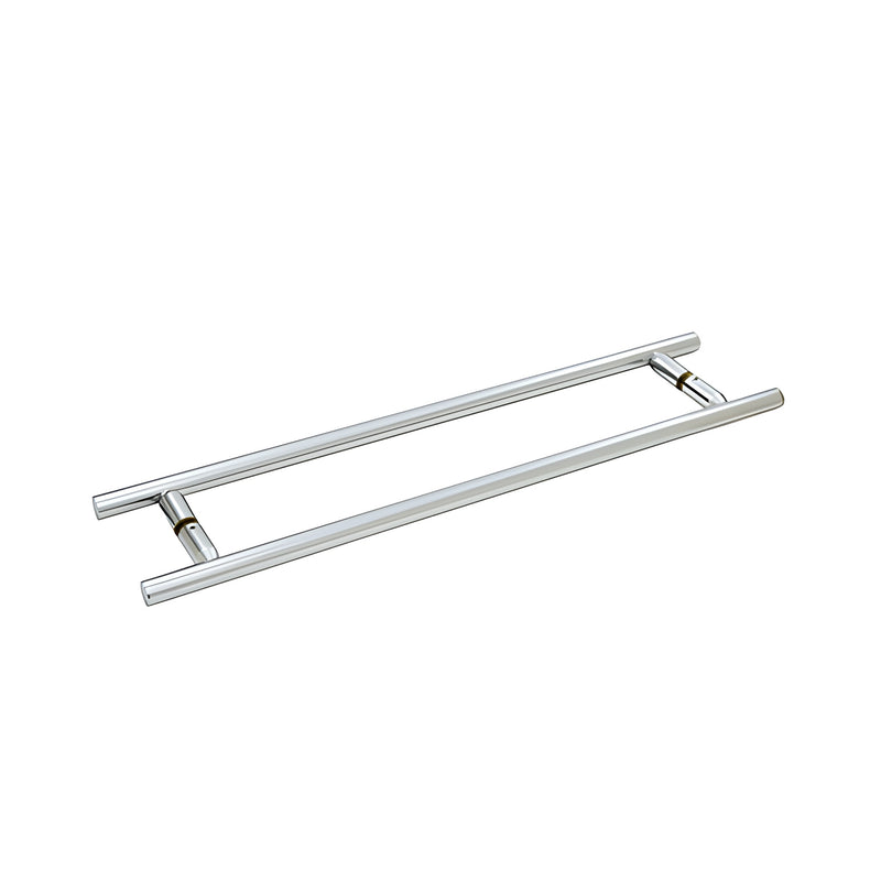A polished chrome ladder-style towel bar designed for back-to-back glass mounting.