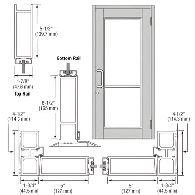 CRL-U.S. Aluminum Clear Anodized Custom Single Series 850 Durafront Wide Stile Butt Hinged Entrance Door for Surface Mount Door Closer