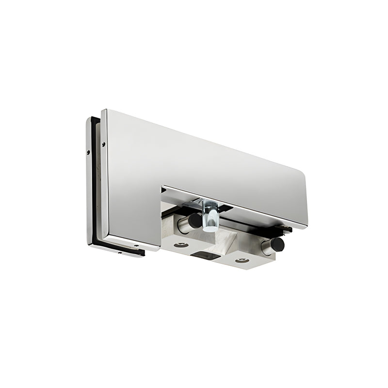 A polished stainless steel left-hand sidelite mount transom patch fitting featuring an integrated PK/ESK stop and strike mechanism.