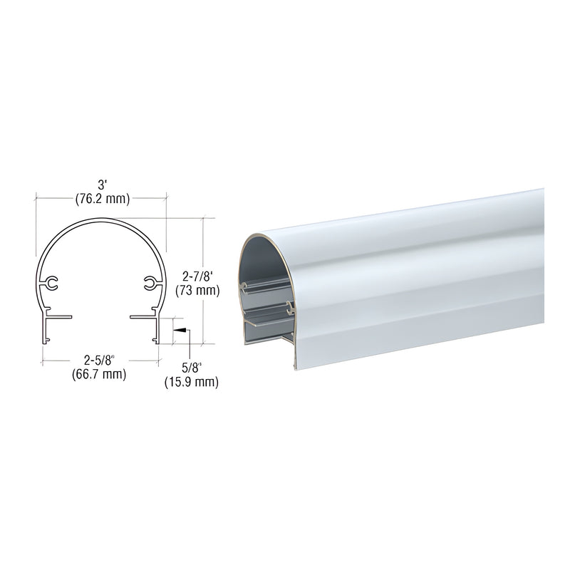 A technical diagram and perspective view of the CRL 300 Series aluminum top rail showing its dimensions and profile.