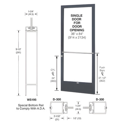 CRL-U.S. Aluminum Bronze Black Anodized 250 Series Narrow Stile (RHR) HRSO Single 3'0 x 7'0 Center Hung for OHCC with Standard Push Bars Complete Door Std. Lock and 9-1/2" Bottom Rail