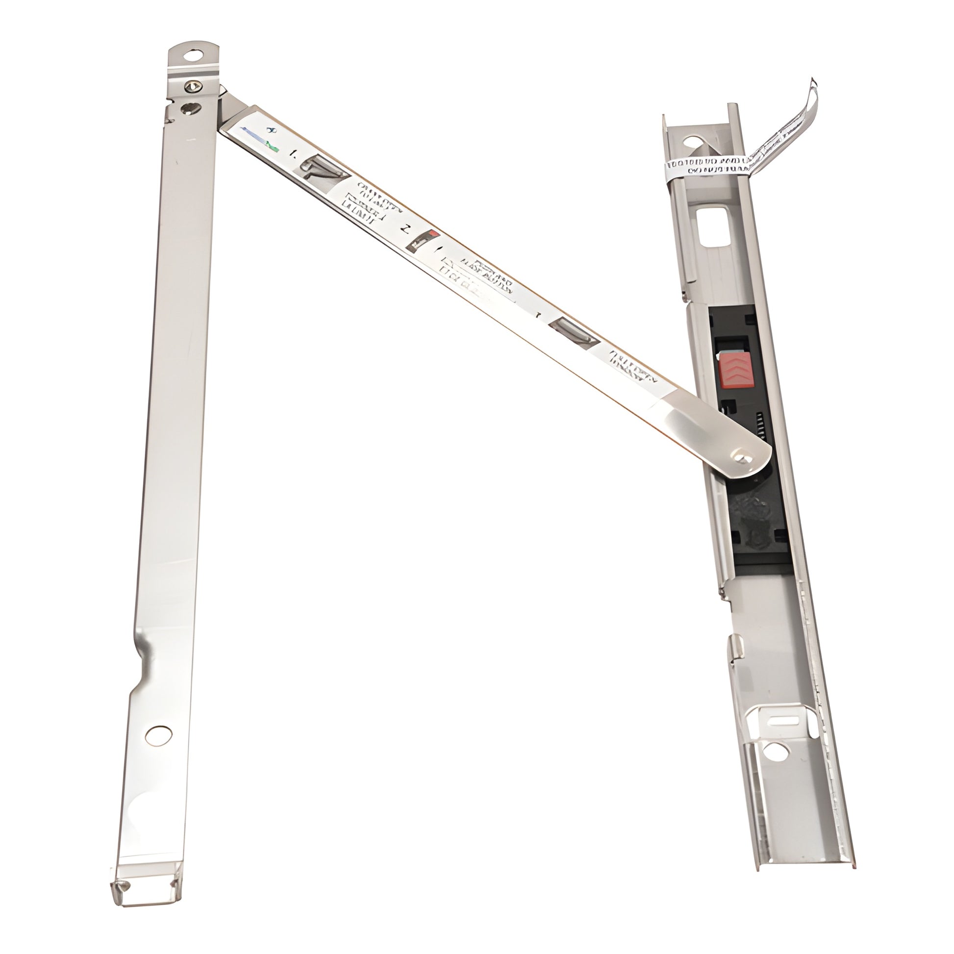 Left-hand casement window opening control device (WOCD) kit EP27053, silver metal arm assembly with red release button