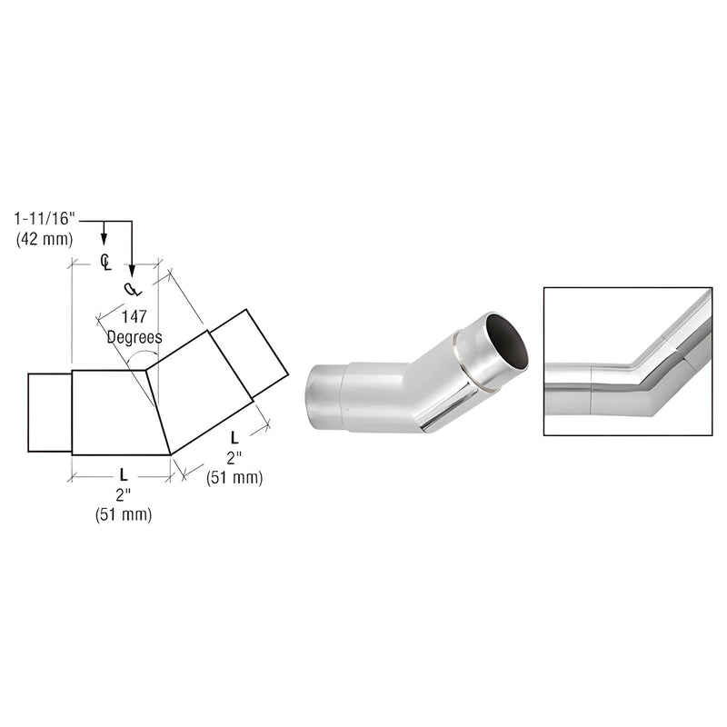 A technical diagram and product photo showing a polished stainless steel 147-degree flush angle connector for 2-inch railing tubing.