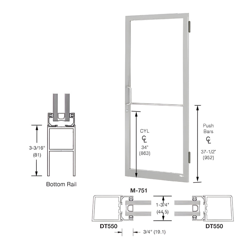 Technical diagram showing a 250 Series narrow stile single door with bottom rail and frame profile dimensions.