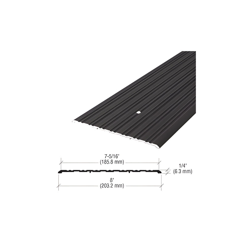 A bronze commercial saddle threshold with a ribbed surface and a pre-drilled screw hole shown with a technical cross-section diagram.