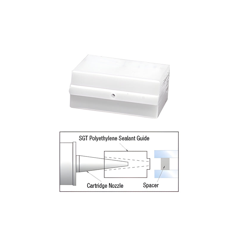 A white polyethylene sealant guide block shown with a diagram illustrating its use over a cartridge nozzle for applying sealant.