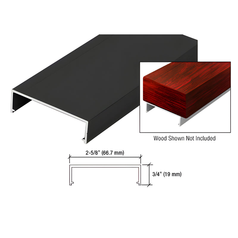 A matte black aluminum wood top rail shown with a technical profile diagram and an inset demonstrating how it fits over wood.