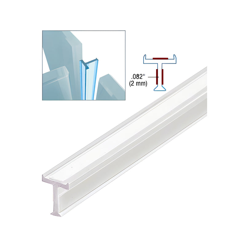 A clear copolymer T-joint strip for 3/8 inch glass panels shown with a technical diagram of the profile.