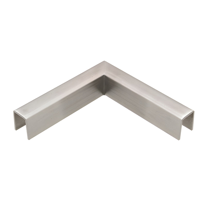 A brushed stainless steel 90-degree horizontal corner connector for crisp corner cap railings.