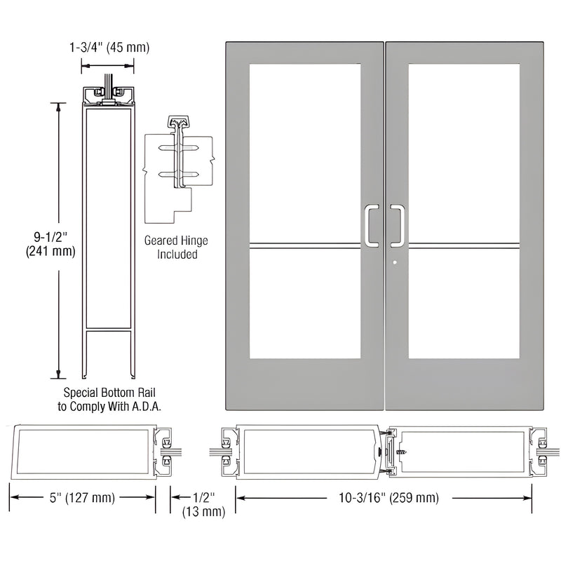 Technical diagram showing the profile and elevation of a pair of Series 550 wide stile aluminum entrance doors with geared hinges.