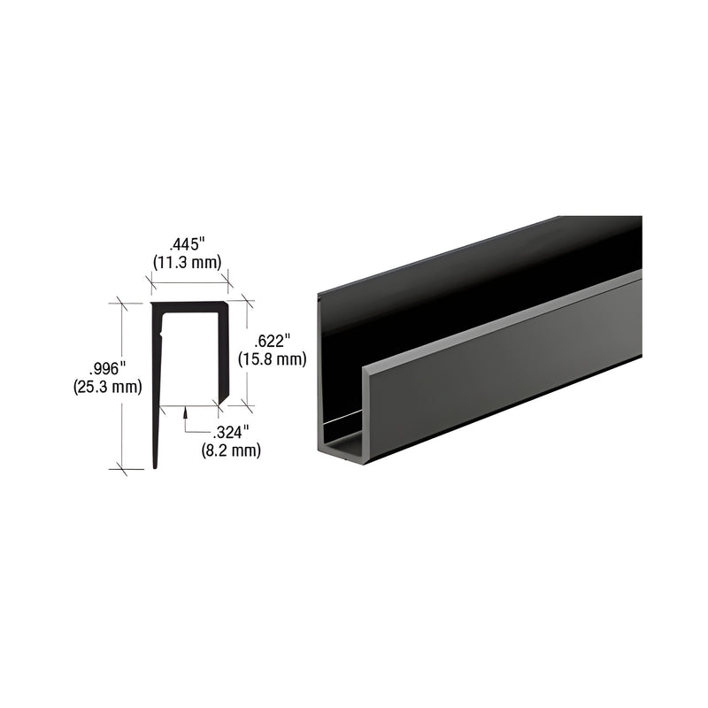 A technical diagram and perspective view of a gloss black aluminum Canadian style J-channel with a deep nose design.
