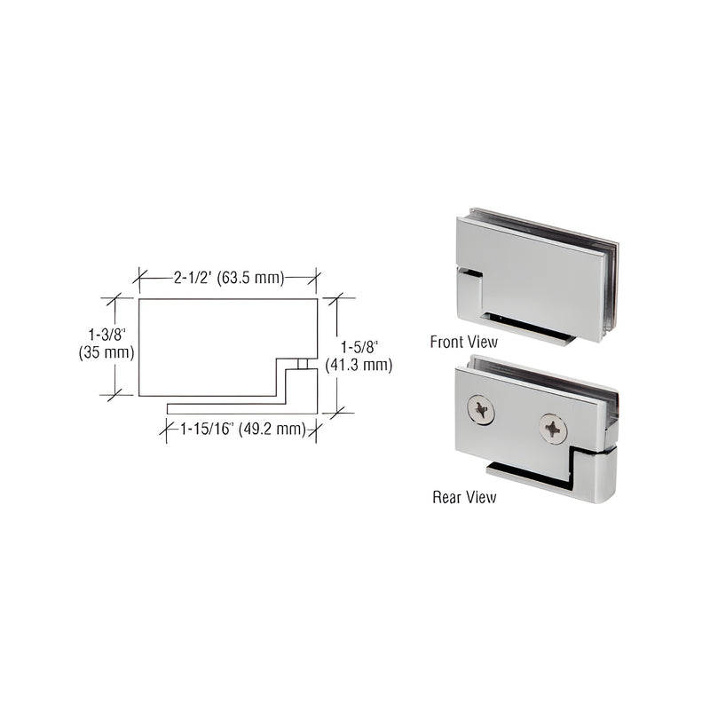 Technical diagram and front and rear views of a brushed nickel brass surface mount cabinet pivot hinge.
