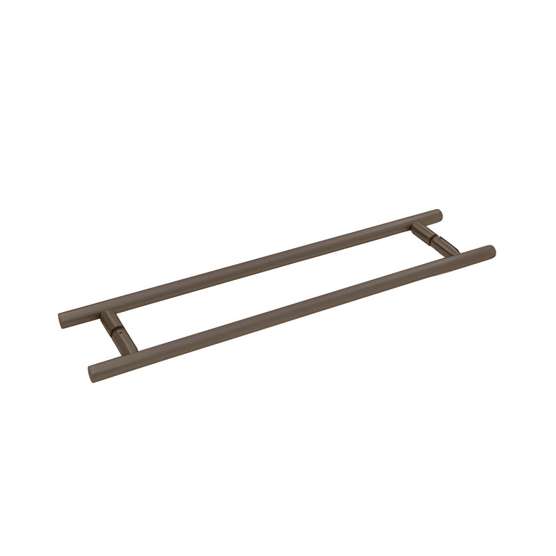 An oil rubbed bronze ladder style towel bar with a back-to-back design for glass shower enclosures.
